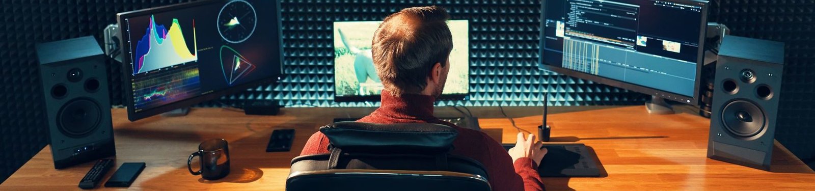 k video-editing-professional-editor-adding-special-sound-effects-back-view-young-man-watching-graphs-monitors-copy-space-gray-wall